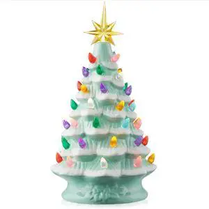 Casafield Hand Painted Ceramic Christmas Tree, Seafoam Snow Flocked 12-Inch Pre-Lit Tree with 100 Multi Color Lights and 2 Star Toppers