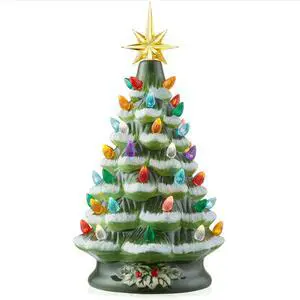 Casafield Hand Painted Ceramic Christmas Tree, Green Snow Flocked 12-Inch Pre-Lit Tree with 100 Multi Color Lights and 2 Star Toppers