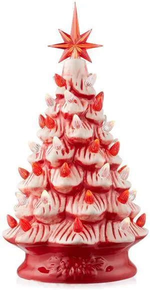 Casafield Hand Painted Ceramic Christmas Tree, Red and White Peppermint 12-Inch Pre-Lit Tree with 100 Multi Color Lights and 2 Star Toppers