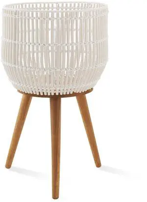 Casafield Indoor Planter with Stand, White Floor Planter with Wood Legs, Large Plant Pot Cover with Liner for Houseplants, Flower Pots and Trees