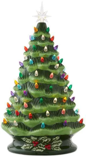 Hand Painted Ceramic Christmas Tree, Green 18" Pre-Lit, Multi Color Lights Hand Painted Ceramic Christmas Tree, Green 18" Pre-Lit, Multi Color Lights