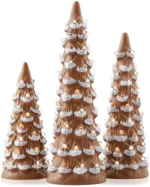 Set of 3 Hand Painted Ceramic Christmas Tree - Gingerbread Pre-Lit 8, 10, 12-Inch Trees with Lights Set of 3 Hand Painted Ceramic Christmas Tree - Gingerbread Pre-Lit 8, 10, 12-Inch Trees with Lights