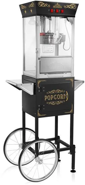 Olde Midway Popcorn Machine Maker w/ Cart and 8-Ounce Kettle - Black, Vintage-Style Popper on Wheels Olde Midway Popcorn Machine Maker w/ Cart and 8-Ounce Kettle - Black, Vintage-Style Popper on Wheels