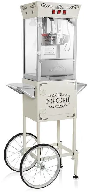 Olde Midway Popcorn Machine Maker w/ Cart and 8-Ounce Kettle - Cream, Vintage-Style Popper on Wheels Olde Midway Popcorn Machine Maker w/ Cart and 8-Ounce Kettle - Cream, Vintage-Style Popper on Wheels