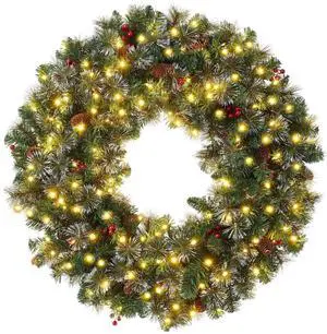 Casafield 36" Pre-Lit Fir Artificial Christmas Wreath Holiday Décor, 150 LED Lights, 360 PVC Tips Pinecones, Berries for Front Door, Window, or Mantel Casafield 36" Pre-Lit Fir Artificial Christmas Wreath Holiday Décor, 150 LED Lights, 360 PVC Tips Pinecones, Berries for Front Door, Window, or Mantel