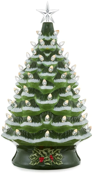 Casafield Hand Painted Ceramic Christmas Tree, Green Snow Flocked 24-Inch Pre-Lit Tree with 148 Multi Color Lights and 2 Star Toppers Casafield Hand Painted Ceramic Christmas Tree, Green Snow Flocked 24-Inch Pre-Lit Tree with 148 Multi Color Lights and 2 Star Toppers