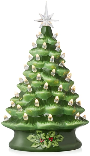 Casafield Hand Painted Ceramic Christmas Tree, Green 15-Inch Pre-Lit Tree with 128 Multi Color Lights and 2 Star Toppers Casafield Hand Painted Ceramic Christmas Tree, Green 15-Inch Pre-Lit Tree with 128 Multi Color Lights and 2 Star Toppers