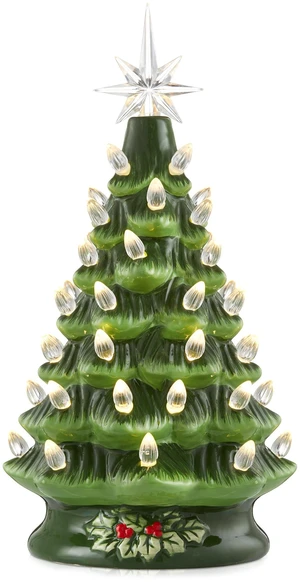 Casafield Hand Painted Ceramic Christmas Tree, Green 12-Inch Pre-Lit Tree with 100 Multi Color Lights and 2 Star Toppers Casafield Hand Painted Ceramic Christmas Tree, Green 12-Inch Pre-Lit Tree with 100 Multi Color Lights and 2 Star Toppers