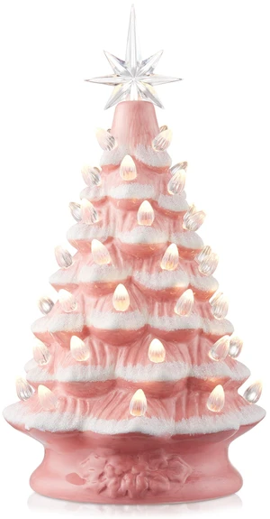 Casafield Hand Painted Ceramic Christmas Tree, Pink Snow Flocked 12-Inch Pre-Lit Tree with 100 Multi Color Lights and 2 Star Toppers Casafield Hand Painted Ceramic Christmas Tree, Pink Snow Flocked 12-Inch Pre-Lit Tree with 100 Multi Color Lights and 2 Star Toppers