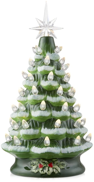 Casafield Hand Painted Ceramic Christmas Tree, Green Snow Flocked 12-Inch Pre-Lit Tree with 100 Multi Color Lights and 2 Star Toppers Casafield Hand Painted Ceramic Christmas Tree, Green Snow Flocked 12-Inch Pre-Lit Tree with 100 Multi Color Lights and 2 Star Toppers