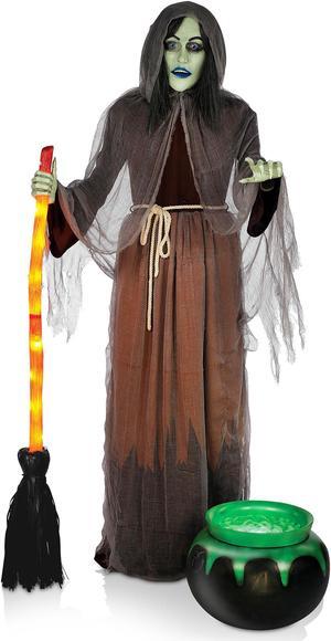 BOO BOX  6ft Halloween Animatronic Witch with Light and Sound Cauldron, Outdoor Halloween Decoration, Moving Mouth, Hand, Broom, Light-up Sound and Motion Activated