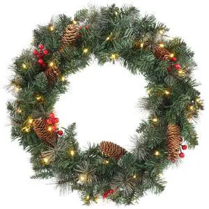 Casafield Pre-Lit Artificial Christmas Wreath for Front Door, Window or Mantel, Green Fir with White Lights and Pinecones Indoor/Outdoor Holiday Decor, 24 Inches