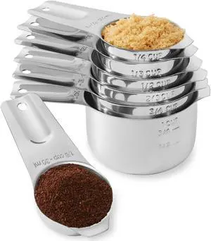 Last Confection 7pc Stainless Steel Measuring Cup Set - Includes 1/8 Cup Coffee Scoop - Measurements for Dry and Liquid Cooking & Baking Ingredients