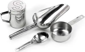 Olde Midway Stainless Steel Popcorn Machine Accessories - 4 Piece Set with Measuring Spoons, Scoop, and Salt Shaker