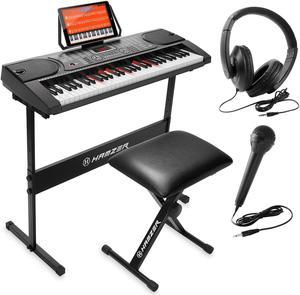 Hamzer 61-Key Electronic Keyboard Portable Digital Music Piano with Lighted Keys, H-Stand, Stool, Headphones, Microphone, & Sticker Set