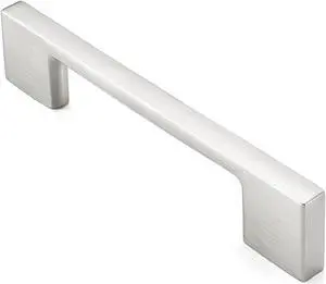 Cauldham 10 Pack Solid Kitchen Cabinet Pulls Handles (3-5/8" Hole Centers) - Modern Thin Profile Drawer/Door Hardware - Style M255 - Satin Nickel