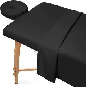 Saloniture 3-Piece Microfiber Massage Table Sheet Set - Premium Facial Bed Cover - Includes Flat and Fitted Sheets with Face Cradle Cover - Black Saloniture 3-Piece Microfiber Massage Table Sheet Set - Premium Facial Bed Cover - Includes Flat and Fitted Sheets with Face Cradle Cover - Black