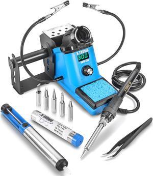 X-Tronic 9070-XR3 - 90 Watt Heavy Duty Fine to Medium Gauge Wire LED Soldering Iron Station with Sleep, °C/°F & Calibration Function - 5 Extra Solder Tips, Solder Sucker, Tweezers & Tube of Solder