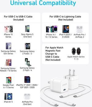 2 Pack USB C Charger with USB C Cable 20W USB C Charger Block for iPhone 16/15 and More Series Galaxy Pixel iPad (2 Pack & 2 Cable)