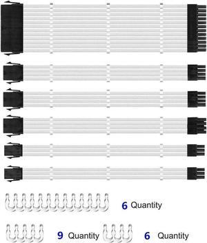 BUCIER Sleeved Cables, PSU Extension Cable Kit for Power Supply, Fiber Braided ATX EPS PCI-E Cable with Combs, 30CM (White)