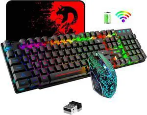 Wireless Gaming Keyboard and Mouse,Rechargeable Rainbow Backlit Keyboard Mouse with 3800mAh Battery,Mechanical Feel Gaming Keyboard,7 Color Gaming Mute Mouse,Gaming Mouse Pad for PC Gamers