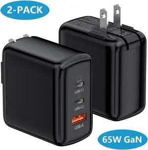 [2 Pack] USB C Charger Block, 65W 3 Port QC+PD3.0 GaN Power Adapter Type C Fast Charging Wall Plug for Mac-Book Pro/Air, i-Pad Pro, i-Phone 15 Pro Max/14/13/12, A-ir-P-ods Pro, Galaxy S23/S22 (Black)