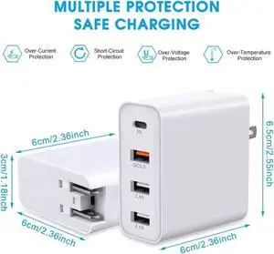 USB C Charger, 48W 4 Ports Fast Charging PD Wall Chargers Quick Charge 3.0, Multi Port USB-C Travel Adapter for SamsungS10/S9/S8/Plus, iPhone Xs/Max/XR/iPhone11, Mainstream Models, Fully Compatible