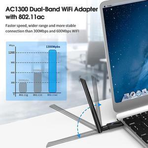 USB WiFi Dongle, AC1300 802.11AC Wireless Network WiFi Adapter with Dual Band 2.4GHz/5.8 GHz High Gain Antenna for Desktop PC Laptop Mac, Support Windows 11/10/8.1/8/7/Vista/XP, Mac OS 10.9-10.15