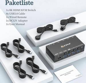AUTYUE 8K@60Hz KVM Switch HDMI 4 Port, 4 PC 1 Monitor HDMI KVM Switch 4 in 1 Out, EDID Simulation, For 4 Computers Share 1 Monitor and 4 USB 3.0 Port, with Wired Remote, Power Adapter & USB 3.0 Cable