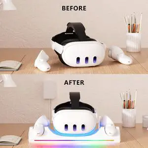 AUTYUE Charging Station for Me-ta/O-cu-lus Quest 3S/ Quest 3 Accessories, 30W Fast Adapter for Me-ta Quest 3 Charging Dock with LED Indicator, Includes 2*1800mAh Rechargeable Batteries for VR Headset