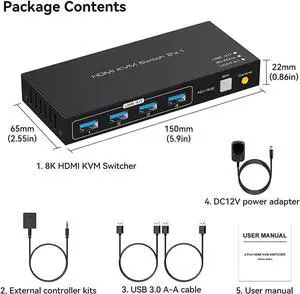 2 Port HDMI KVM Switch 2 in 1 Out, USB 3.0 KVM Switcher for 2 Computers Share Keyboard Mouse Printer Support 8K @60HZ 4K @120HZ with 4 Port USB 3.0 Support Desktop Control Including 2 USB 3.0 Cable 2 Port HDMI KVM Switch 2 in 1 Out, USB 3.0 KVM Switcher for 2 Computers Share Keyboard Mouse Printer Support 8K @60HZ 4K @120HZ with 4 Port USB 3.0 Support Desktop Control Including 2 USB 3.0 Cable