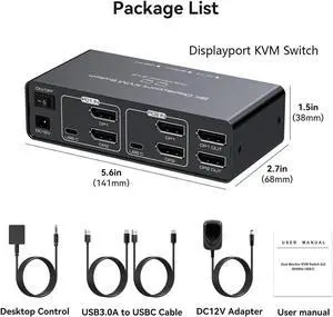 2 Port Dual Monitor DisplayPort KVM Switch 2 in 2 Out, 8K60Hz 4K120Hz Displayport KVM Switch for 2 Monitors 2 Computers Shared 4 USB Device Support DP1.4 With USB3.0 to USB C Cable - Aluminium
