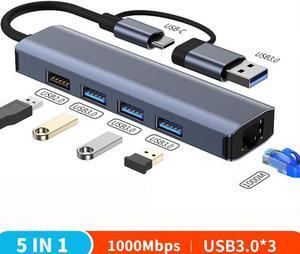 USB C & USB 3.0 to Ethernet Adapter, [3x USB 3.0 + 1x USB 2.0] 5 in 1 USB Hub with RJ45 10/100/1000 Gigabit Ethernet Adapter Support Windows 10,8.1,Mac OS, Surface Pro,Linux,Chromebook and More