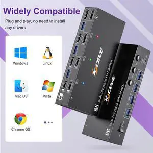 AUTYUE Dual Monitor Displayport KVM Switch 2 Monitors 3 Computers 8K@60Hz 4K@144Hz, 2 Monitors DP KVM Switch with 4 USB 3.0 Ports for Keyboard Mouse Printer, with Wired Remote and 12V Power Adapter