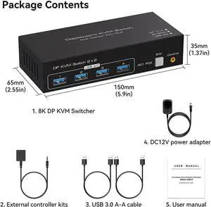 2 Port Dual Monitor Displayport KVM Switch for 2 Computers 2 Monitors Share Keyboard Mouse Printer, Displayport1.4 USB3.0 KVM Switch Support 4K @120Hz 8K @60Hz with 4x USB 3.0 Support Desktop Control