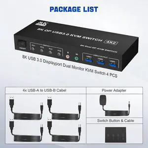 4 Port 8K Displayport USB 3.0 KVM Switch 2 Monitors for 4 Computers 2 Monitors, DP1.4 Display Port KVM Switch with Audio Microphone Output and 3 USB 3.0 Port, 8K DP Monitor Switch for 4 PCs 2 Monitors
