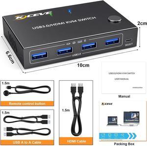 2 Port HDMI KVM Switch 2 in 1 Out, USB 3.0 HDMI KVM Switch 4K@60Hz 2K@144Hz Simulation EDID for 2 Computers Share 1 Monitor and Keyboard Mouse Printer with Remote and KVM Cables
