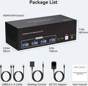 4K144Hz Triple Monitor HDMI KVM Switch 3 Monitors 2 Computers 8K60Hz 2 PC 3 Monitors KVM Switches With 4 Ports USB 3.0 to Connect Keyboard Mouse and Printer Includes 2 USB 3.0 Cables and DC12V Adapter
