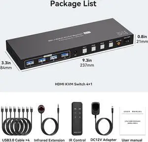HDMI 2.1 KVM Switch 4 Computers 1 Monitor, 8K@60Hz 4K@120Hz 4 Port HDMI KVM Switches For 4 PCs Share 4 USB Devices Like Keyboard Mouse Printer etc. With Remote Controller & Other External Accessories
