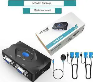 MT-VIKI KVM Switch VGA 2 Port, KVM Switch Console with 3 USB Hub + 2 in1 Cables + Desktop Selector