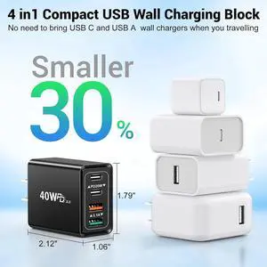 2 Pack USB C Wall Charger, 4 Port USB C and QC3.0 Fast Charger Block, 40W Dual USB C Dual USB-A Charger Plug Phone Charging Cube Compatible with i-Phone 15 14 13 12 Pro Max, XS/XR/X, i-Pad,S23 S22..
