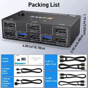 Dual Monitor Displayport KVM Switch 2 Computers 2 Monitors, USB 3.0 DP KVM Switch 2 in 2 Out, Supports 4K @60Hz for 2 PCs sharing keyboard, mouse and monitor, with DP+USB Cables and Wired Controller