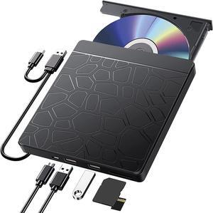 External CD DVD Drive for laptop Windows 11 10, USB 3.0 and Type-C Portable CD DVD +/-RW ROM Drive Reader CD/DVD Burner Rewriter with SD TF Slot & 2x USB Ports, Slim DVD/CD Player for Linux, Mac OS