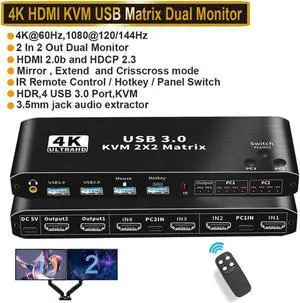 HDMI KVM Matrix Switch 2x2, Dual Monitor USB HDMI KVM Switch with USB 3.0 Hub, 4k@60Hz HDMI Extended Display USB KVM Switcher 2 in 2 Out for 2 Computers Share 2 Monitors, with IR Remote Controller