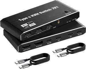 USB C KVM Switch 8K @60Hz 4K @120Hz, 2 Port Type C KVM Switch for 2 Computers Share 1 Monitor [HDMI + DisplayPort Output], USB C KCM with 3 USB 2.0 Ports & 100W Power Delivery, 2 USB-C Cables Included