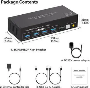 Dual Monitor DP+HDMI KVM Switch, 2 Port DisplayPort and HDMI 4K @120Hz 8K @60Hz KVM Switcher for 2 Computers 2 Monitors with 4 Ports USB 3.0 Support Copy and Extended Display and Desktop Control