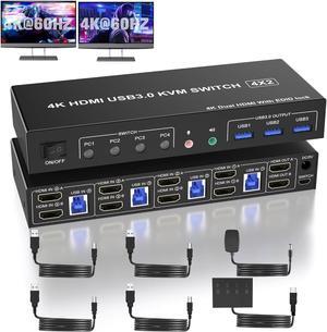 USB 3.0 HDMI KVM Switch 2 Monitors 4 Computers, Support EDID, 4K@60Hz Dual Monitor HDMI KVM Switch 4 in 2 Out, with Audio Microphone and 3 USB 3.0 Ports, PC Monitor Keyboard Mouse Switcher for 4 PCs