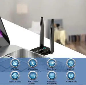 USB WiFi Adapter 1300Mbps, Dual 5dBi High Gain Antenna Wireless Adapter for PC Desktop Laptop 2.4Ghz/5Ghz WiFi dongle Features 802.11ac Compatible with Windows 10/7/8/8.1/XP/Vista Mac OS Linux