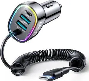 USB C Car Charger, 60W 4 Port Fast Car Charger [PD& QC3.0 Quick Charge] [Extendable Coiled Type C Cable] Multi Port Cigarette Lighter Adapter for i-Phone/Android Smartphones etc.
