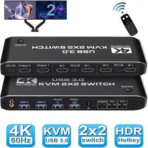 Dual Monitor HDMI USB 3.0 KVM Switch, 2x2 USB3.0 HDMI KVM Switch, 2 in 2 Out 4K @60Hz HDMI KVM Switcher 2x2 Mixed Display 2 Monitors 2 Computer for PC laptop